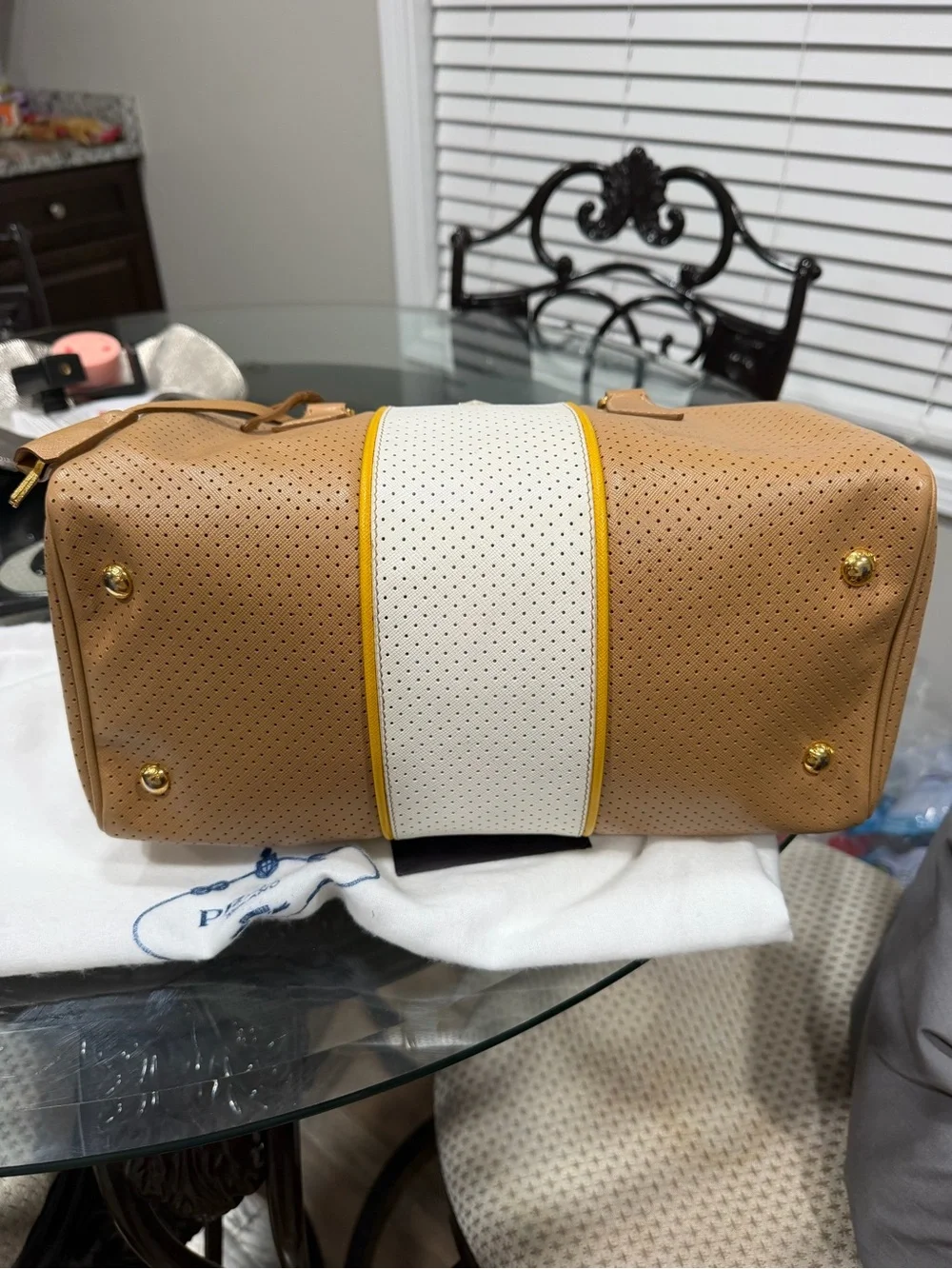 Prada Beige and White Perforated Leather Satchel with Yellow Trim
